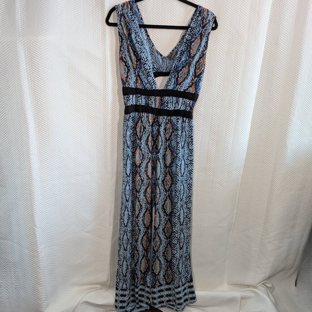 Angie Blue Snake Print Jumpsuit Romper Deep V Size Medium Resortwear Vacation